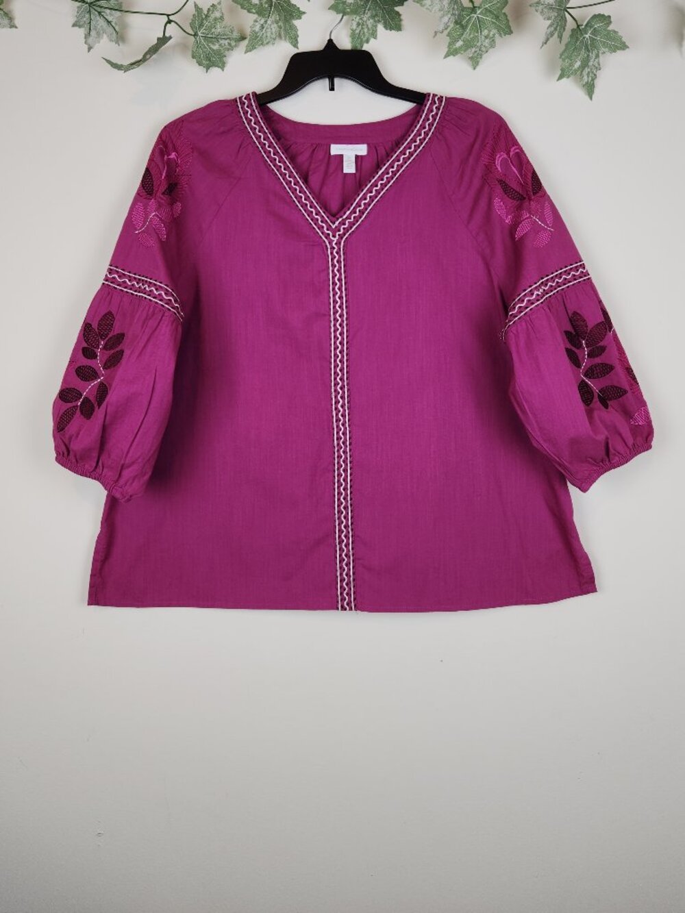 Charter Club Size XL Purple Embroidered Floral Boho Tunic V-Neck Top Blouse